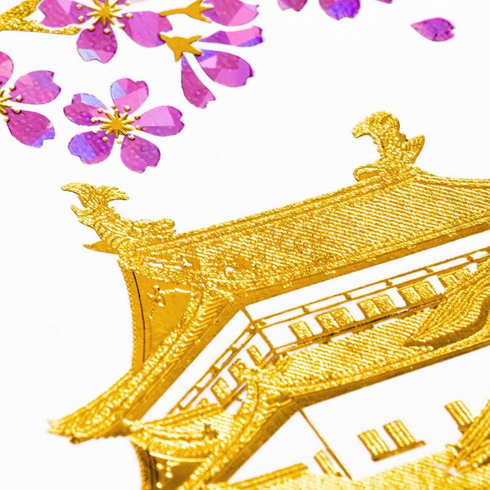 Gold Foil Stamped Postcard Nagoya Castle With Sakura Cherry Blossoms - Image 2