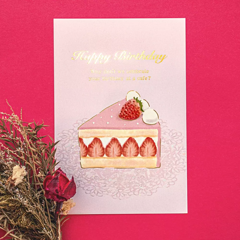 Happy Birthday Card Gold Foil Pink Strawberry Shortcake Design - Image 2