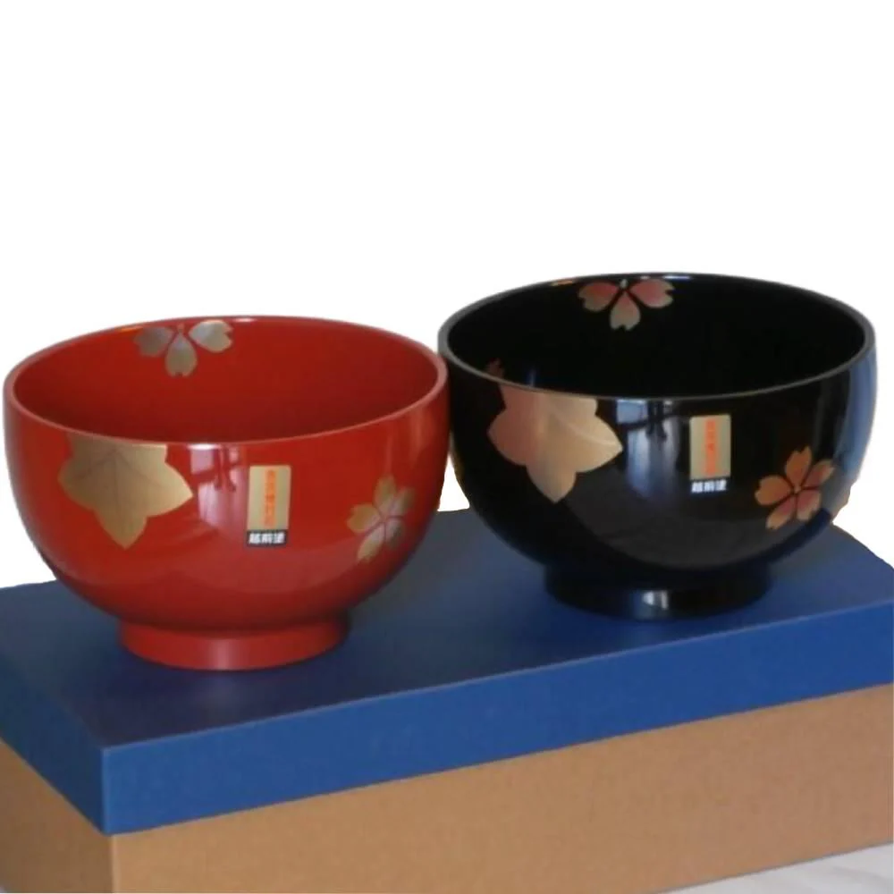 Isuke Japanese Lacquered Soup Bowls Sakura Cherry Blossom Design (Set of 2) - Image 4