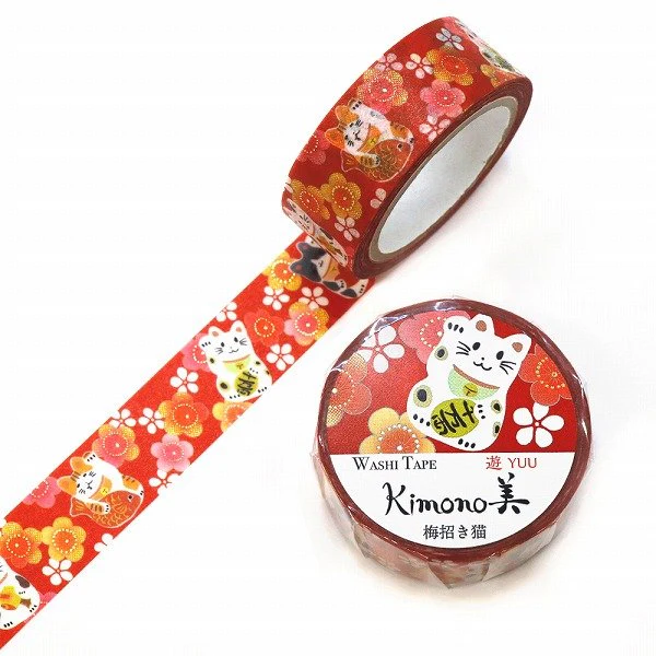 Kamiiso Kimono Washi Tape Plum Beckoning Cat Pattern Masking Tape - Image 6