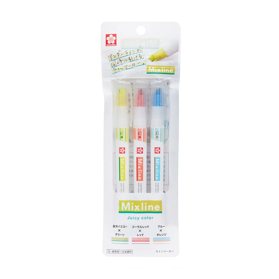 Sakura Color Mixline Highlighters Two-Tone Underline Highlighter 3 Color Set