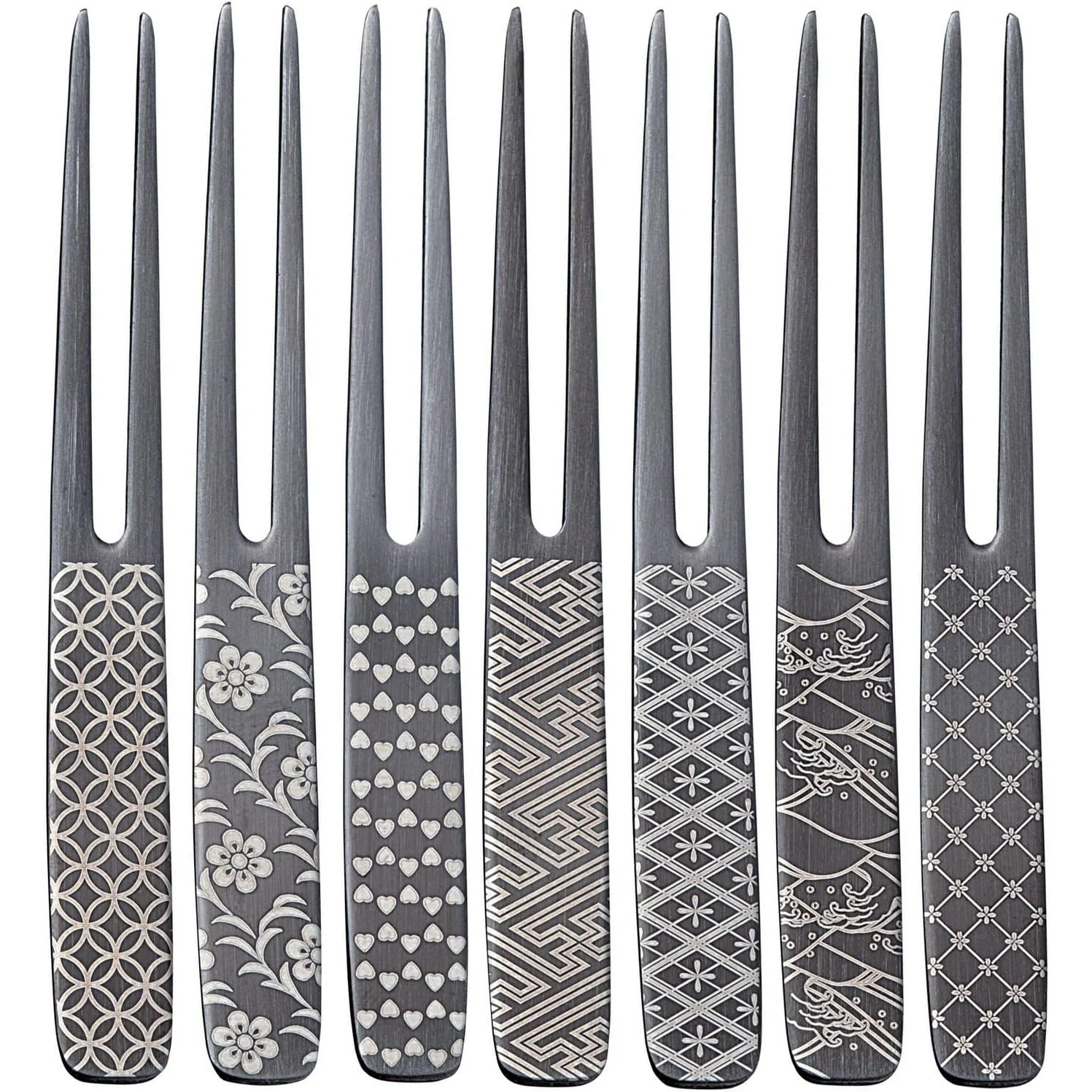 Todai Japanese Black Oxide Steel Wagashi Pick Fork 7 Piece Set