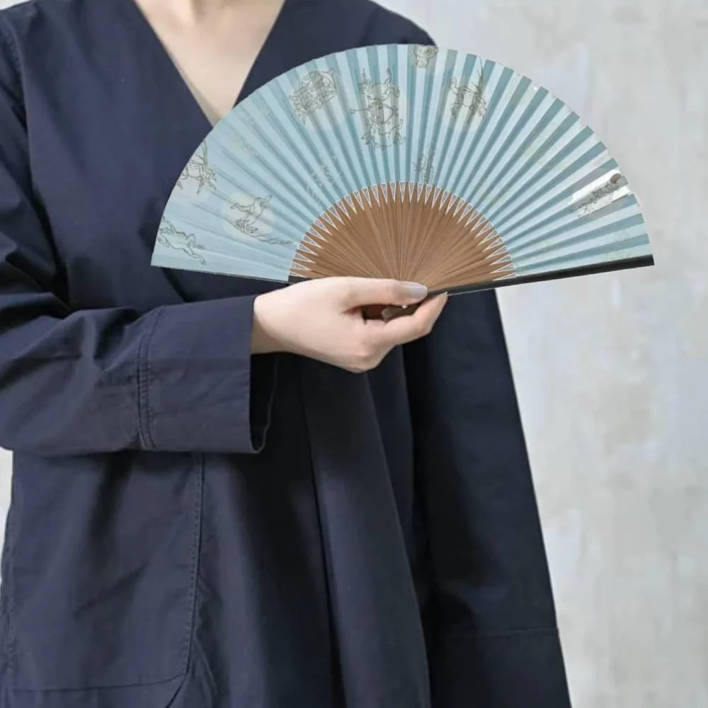 Yamani Frog & Rabbit Design Blue Sensu Handheld Folding Fan 21.5cm - Image 2